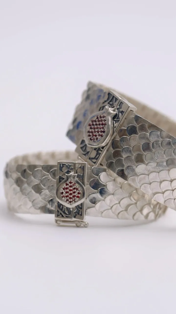 Handmade silver fish-scale belt with pomegranate panels set with red stones