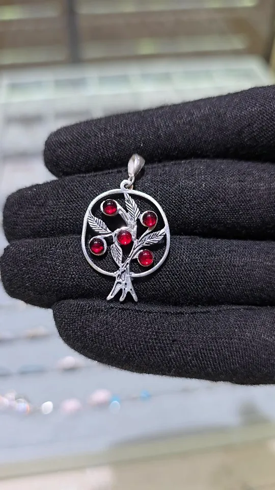 Silver pomegranate tree pendant with red stones